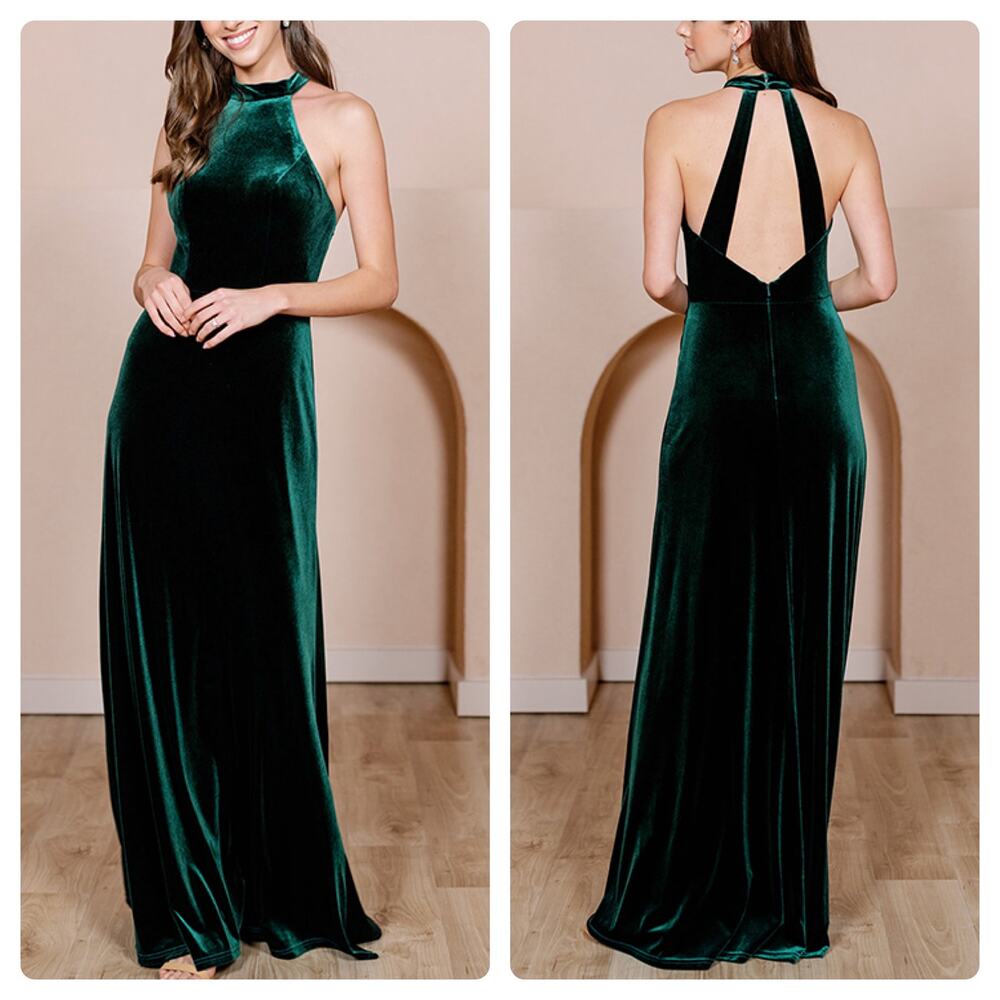 Revelry Tori Velvet Dress in Emerald 4 Halter Neck Open Back Bridesmaid Wedding